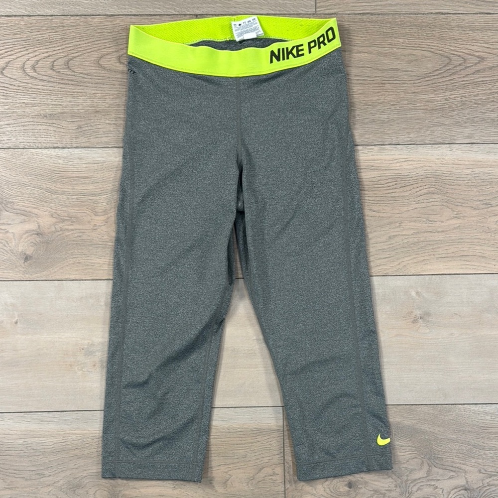 Nike Pro Women’s Crop Leggings in Gray and Lime Green